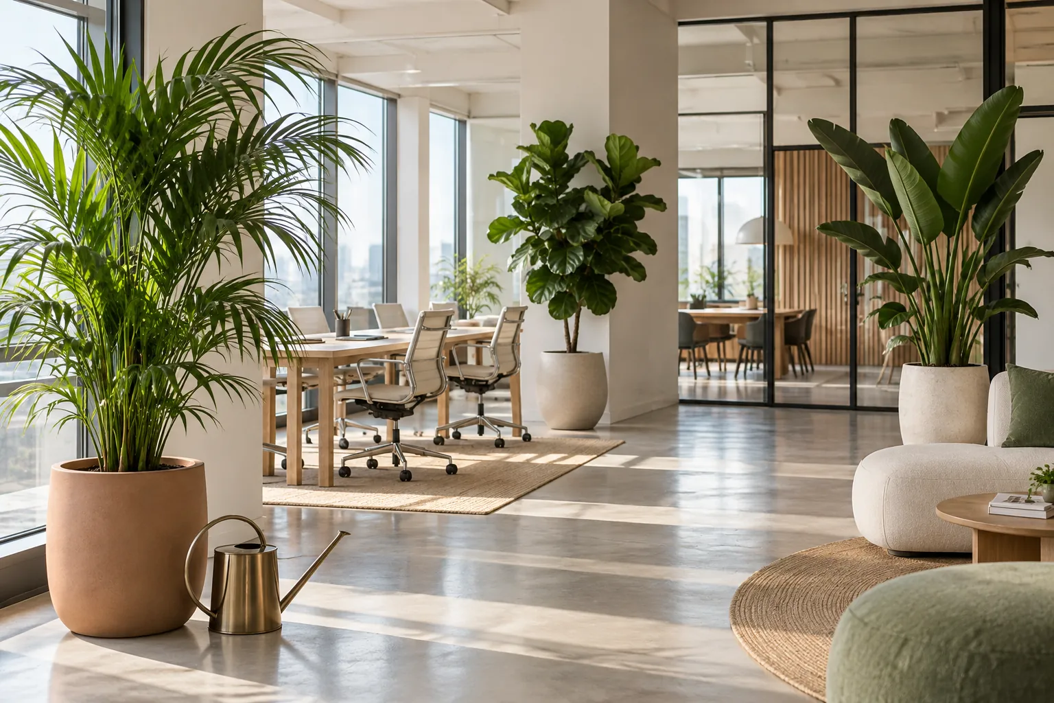 Paysagiste d’intérieur entretenant des plantes de bureau en location