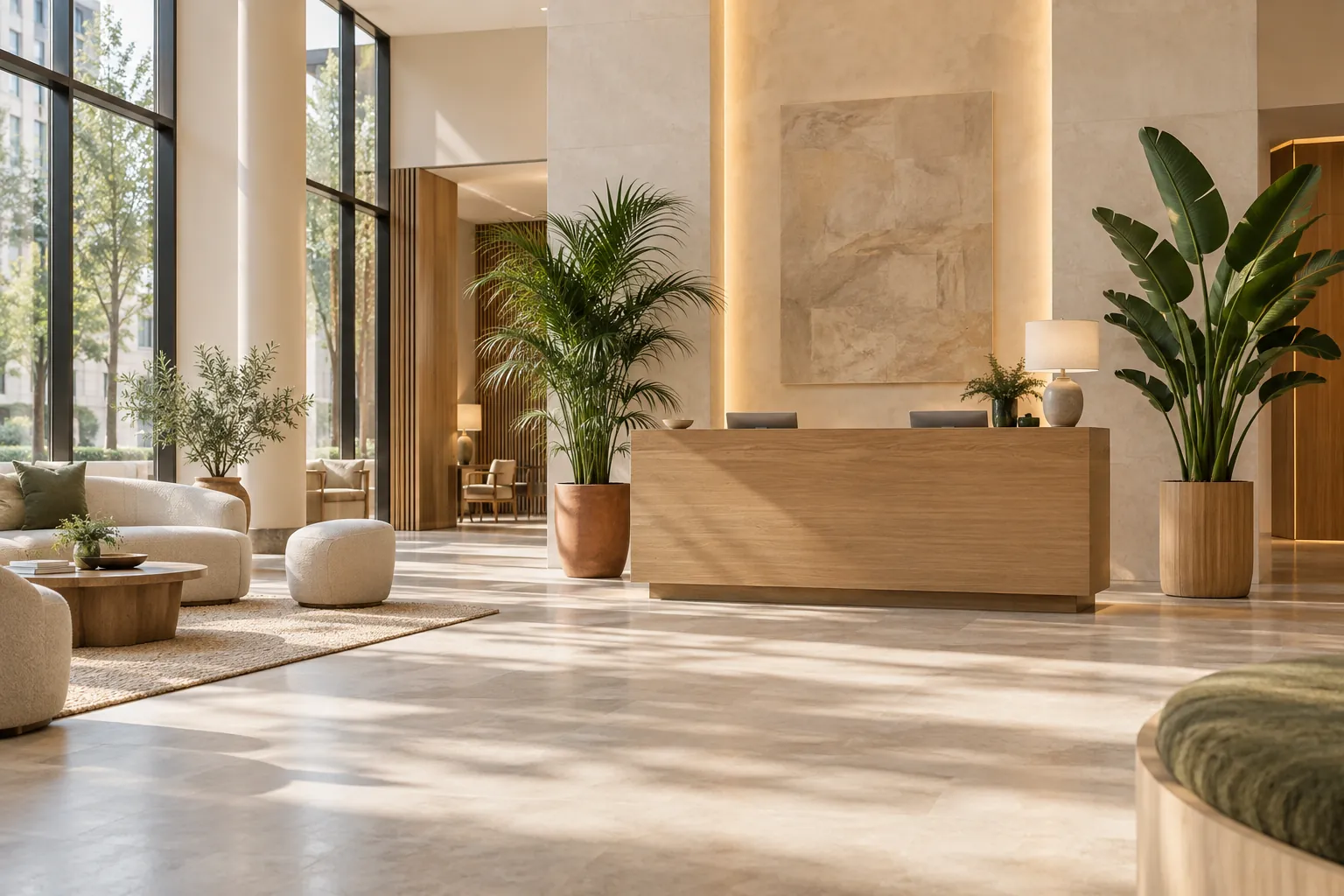 Hall d’hôtel décoré de grandes plantes en location