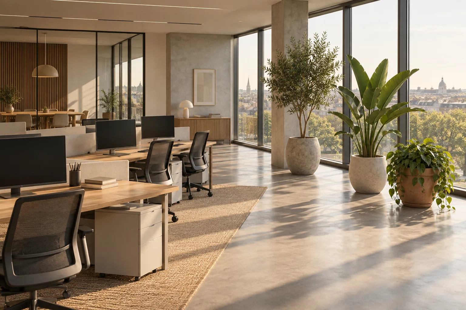 Arrosage des plantes de bureau avant les congés dans un open space désert en été
