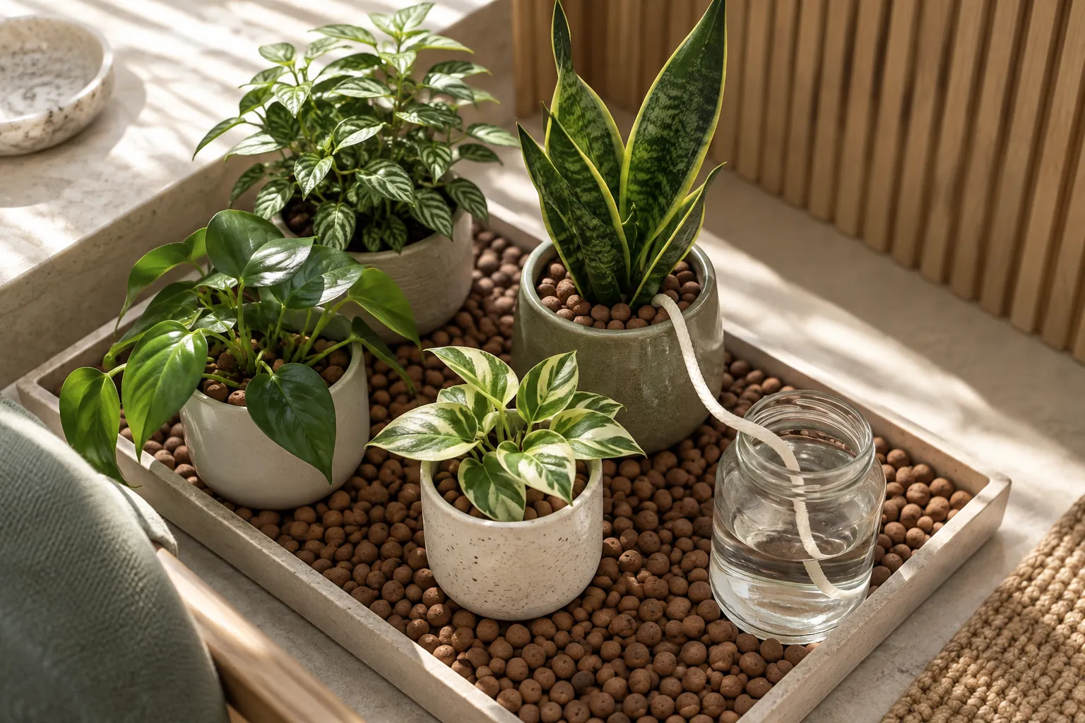 Plantes de bureau regroupées sur un plateau de billes d’argile humides avant les congés