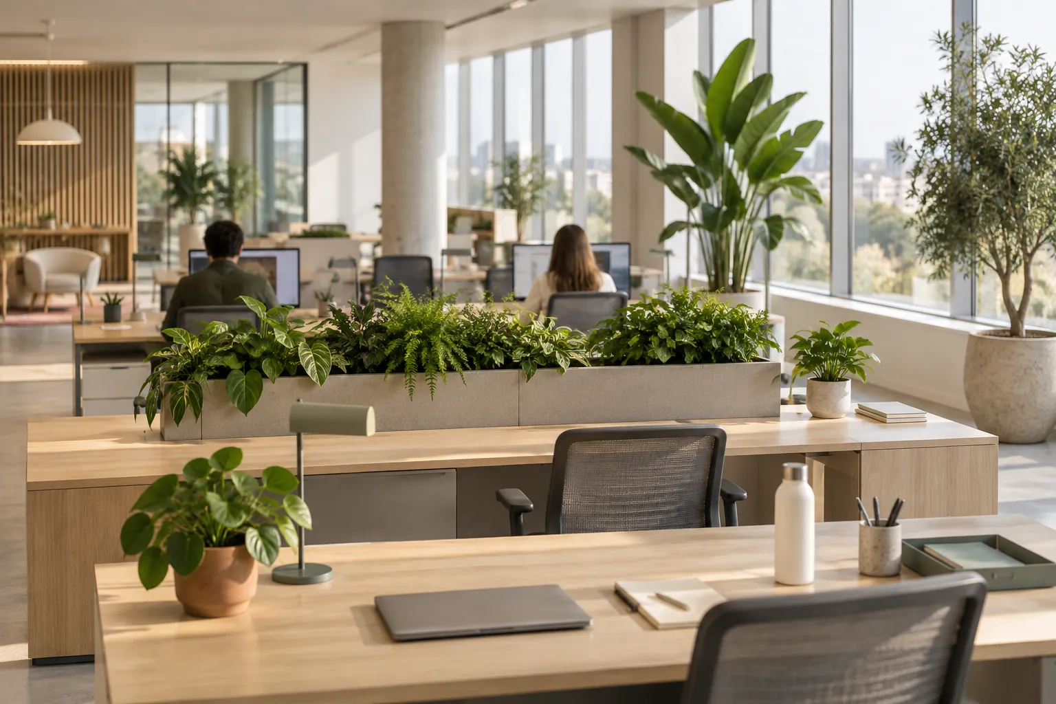 Location de plantes d’intérieur dans un open space lumineux, grands sujets en pots et jardinières basses entre les bureaux
