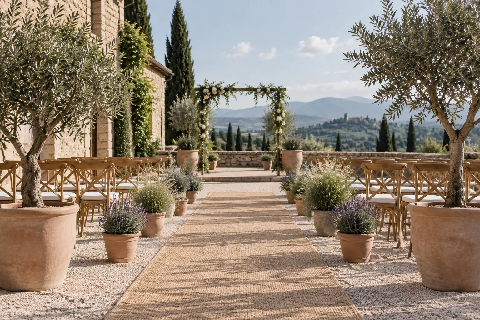 Décoration végétale de mariage avec allée de cérémonie bordée d’oliviers en bac et de graminées