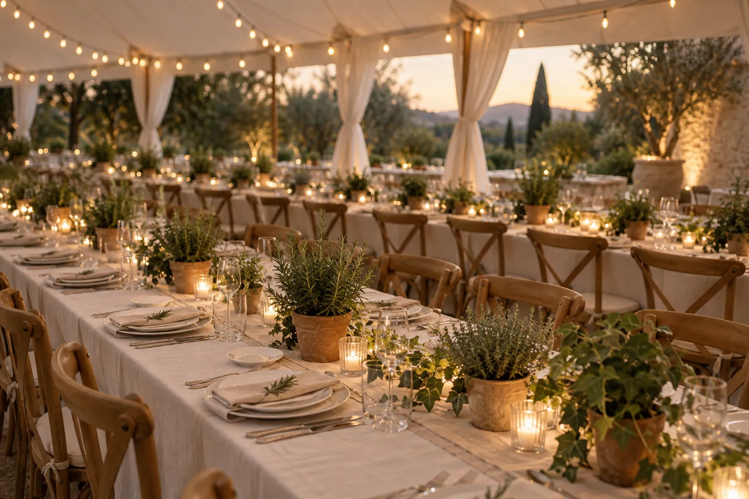 Tables de dîner de mariage décorées de petits pots végétaux et de photophores sous une tente