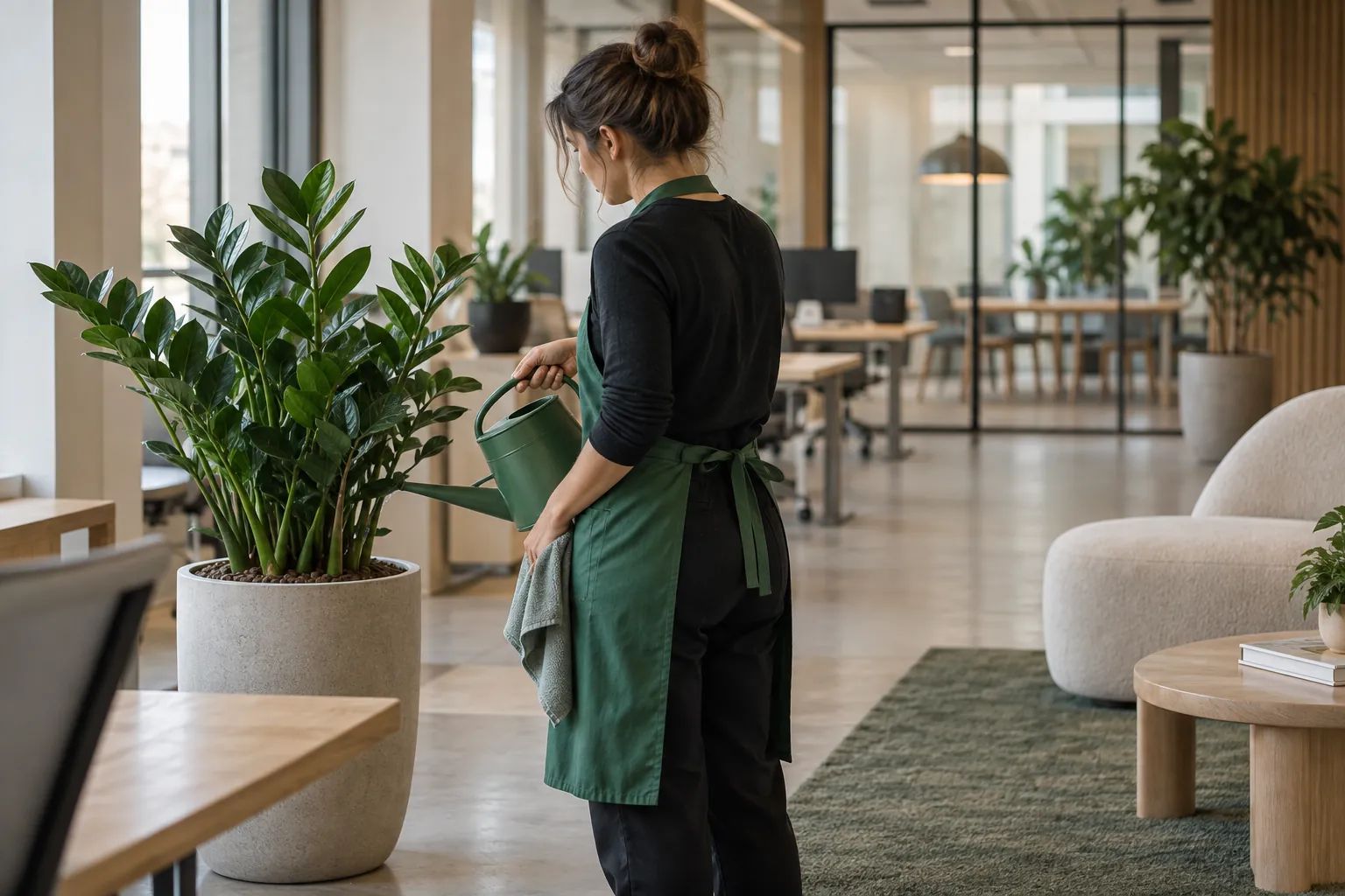 Technicienne réalisant l’entretien des plantes en location dans un bureau, arrosoir à long bec et chiffon à la main