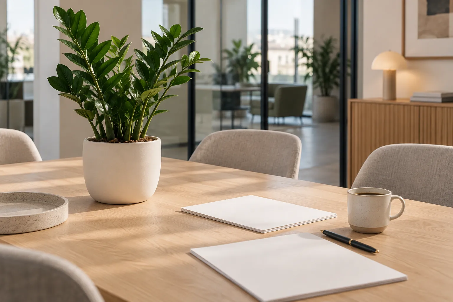Devis de location de plantes posé sur une table de réunion à côté d’une plante verte en pot design