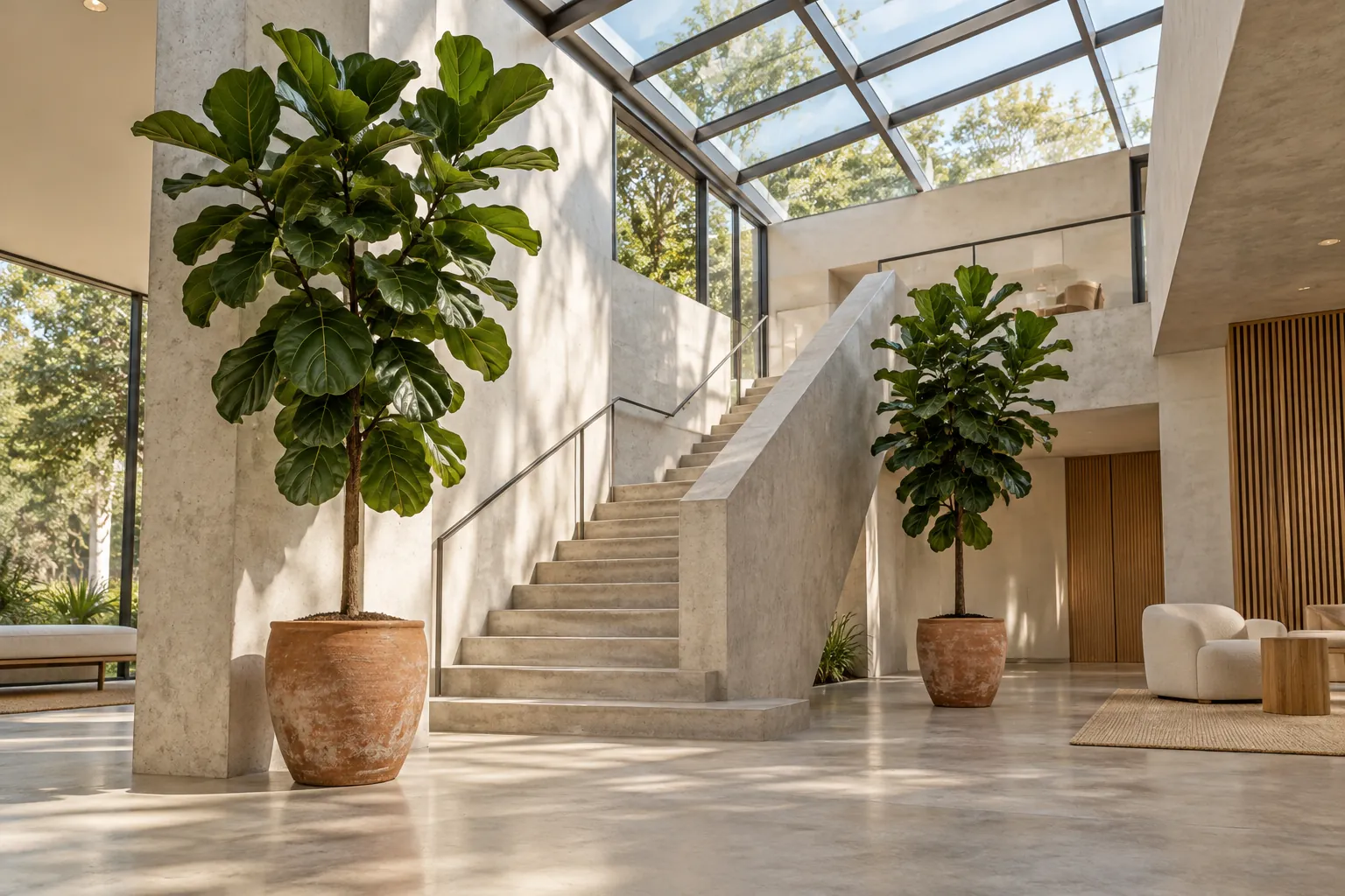 Grandes plantes d’intérieur dans un hall d’entreprise à double hauteur baigné de lumière