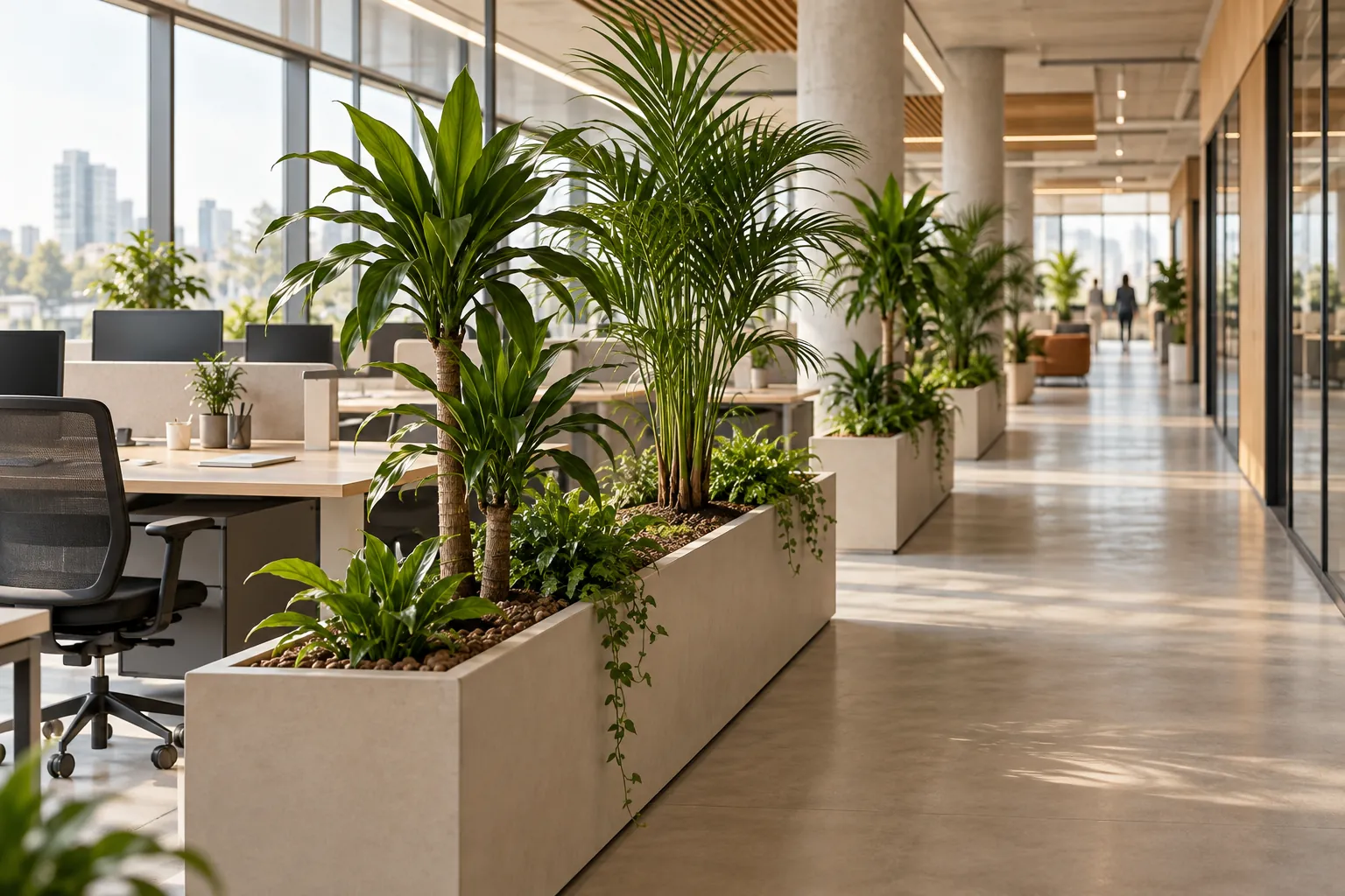 Grandes plantes d’intérieur en jardinières séparant les espaces d’un open space