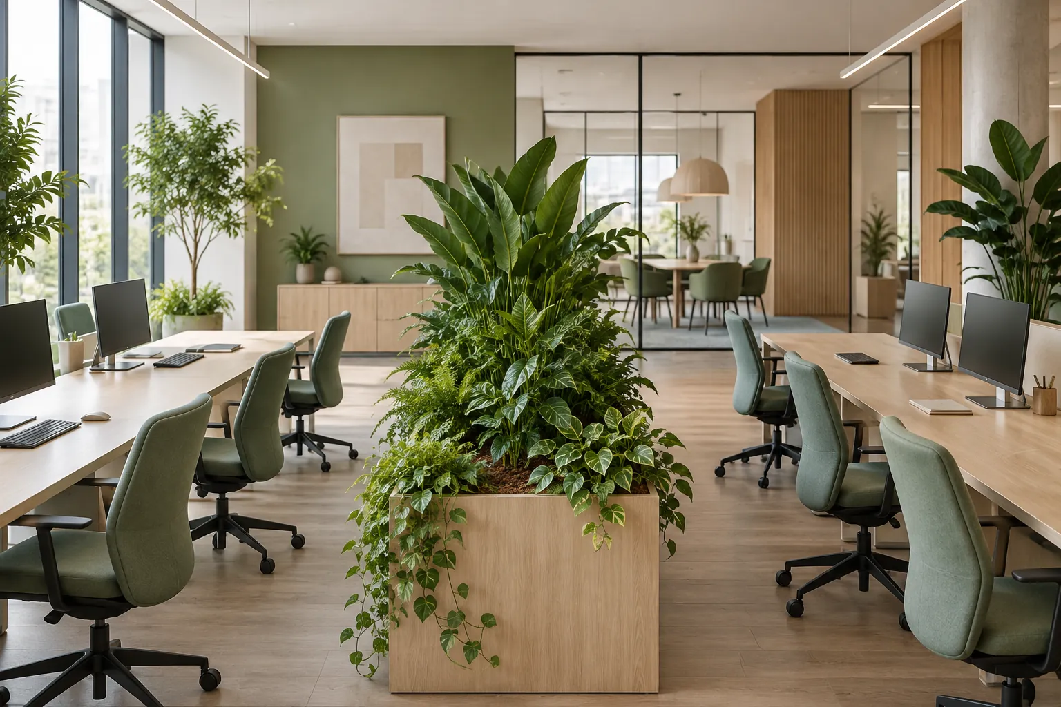 Open space végétalisé grâce à la location de plantes pour bureaux, avec jardinières entre les postes de travail