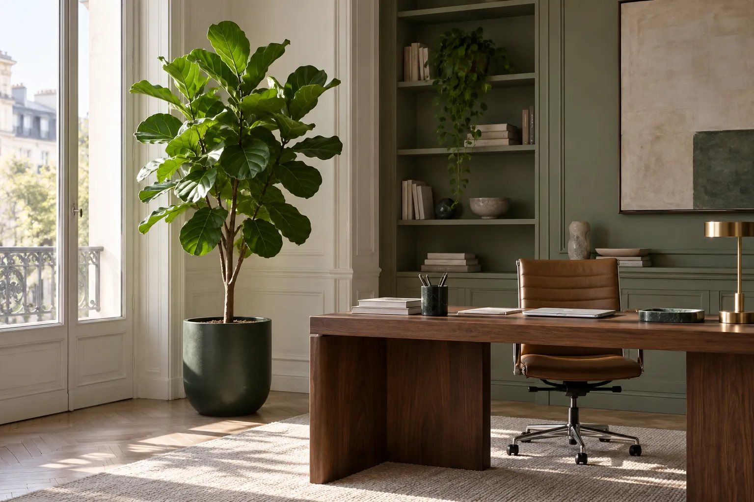 Grand Ficus lyrata en bac design près d’une baie vitrée dans un bureau de direction, location de plantes pour entreprise
