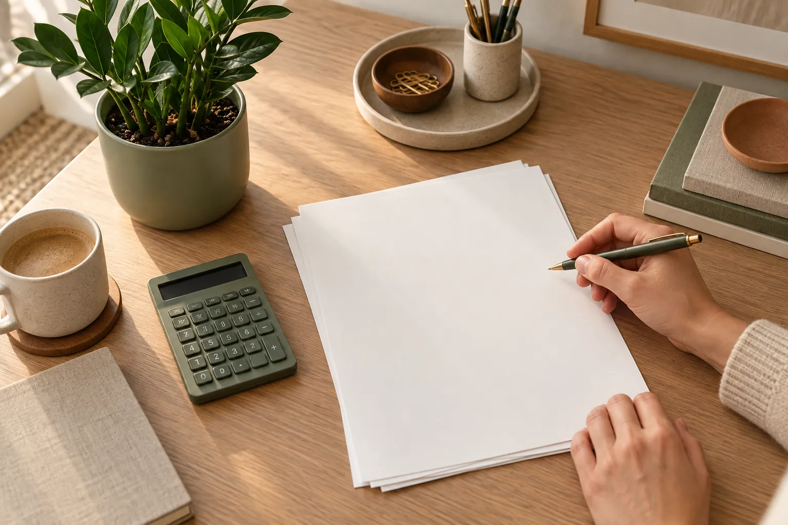 Location plantes charge déductible : factures et calculatrice sur un bureau à côté d’une plante verte en pot