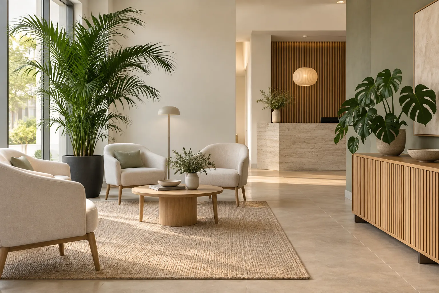 Salle d’attente d’un cabinet libéral décorée de plantes en location avec entretien