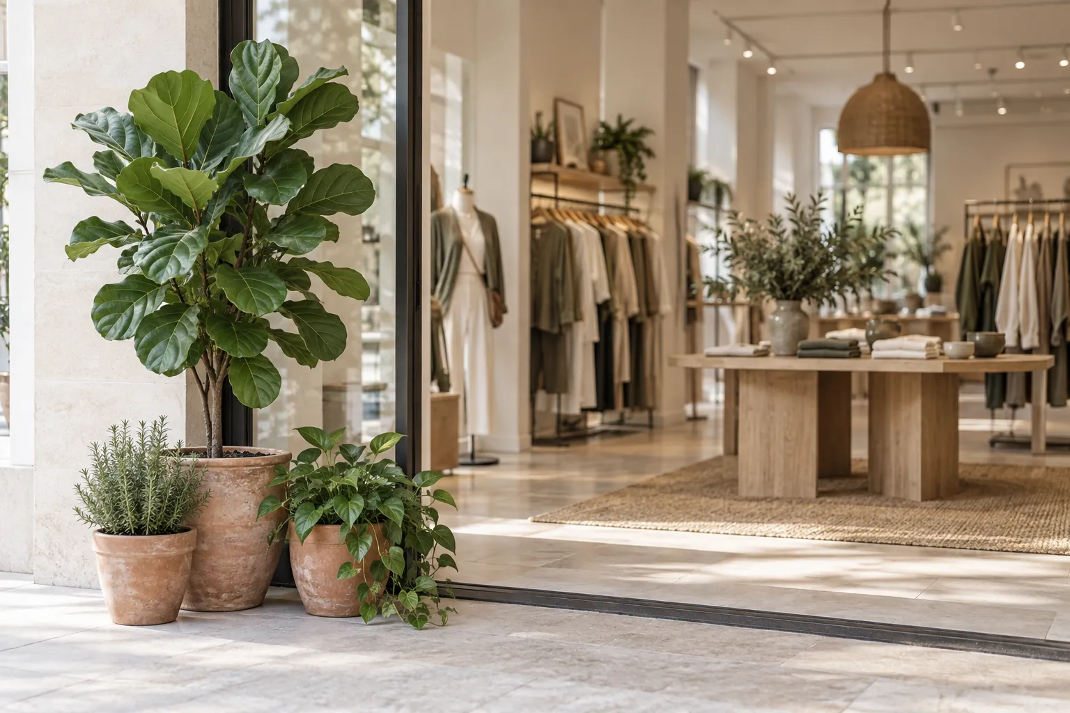 Location de plantes pour commerces : boutique lumineuse avec grandes plantes vertes en pots terre cuite près de la vitrine