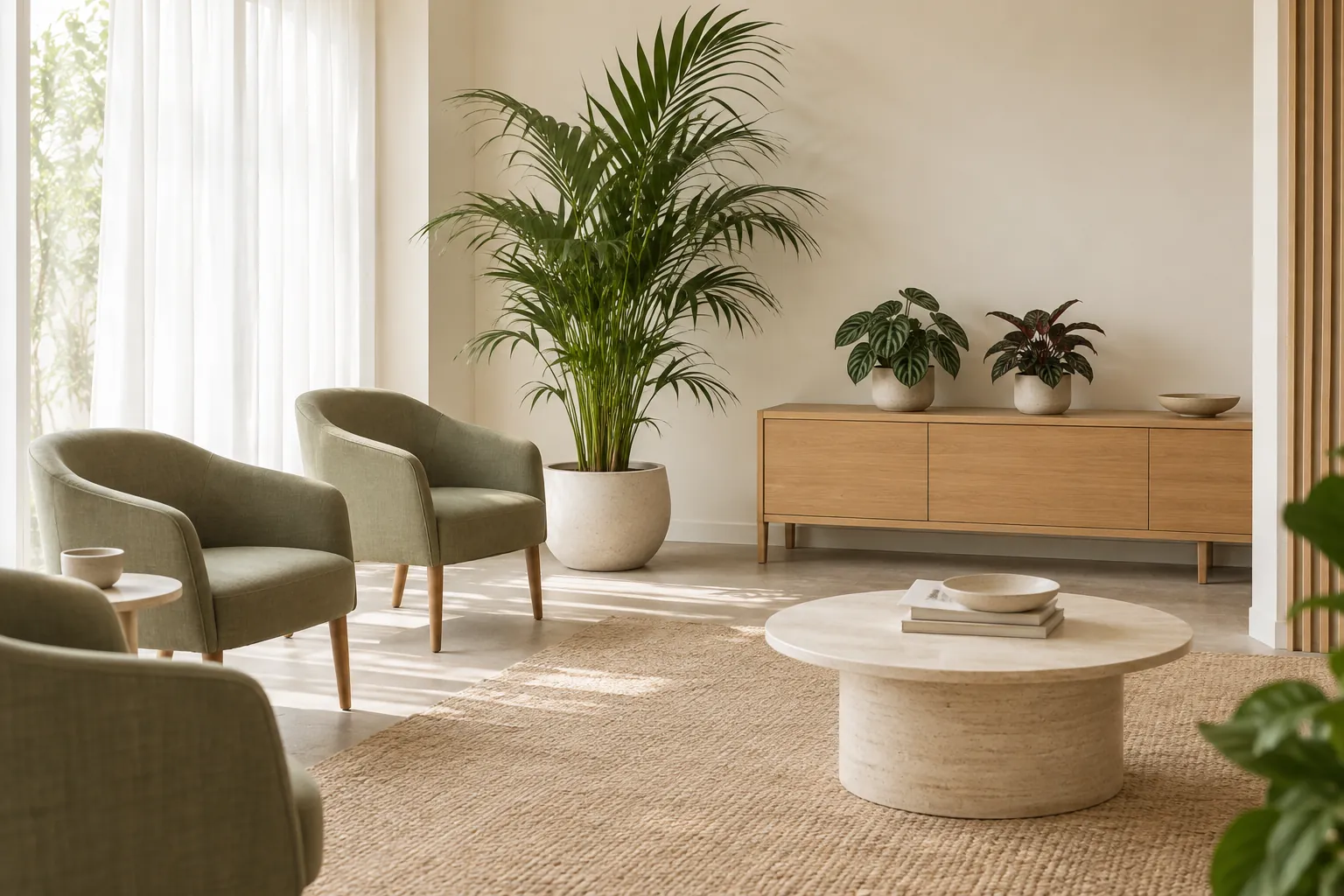Salle d’attente de cabinet avec plantes en location : kentia en bac clair et petites plantes sur une console en bois