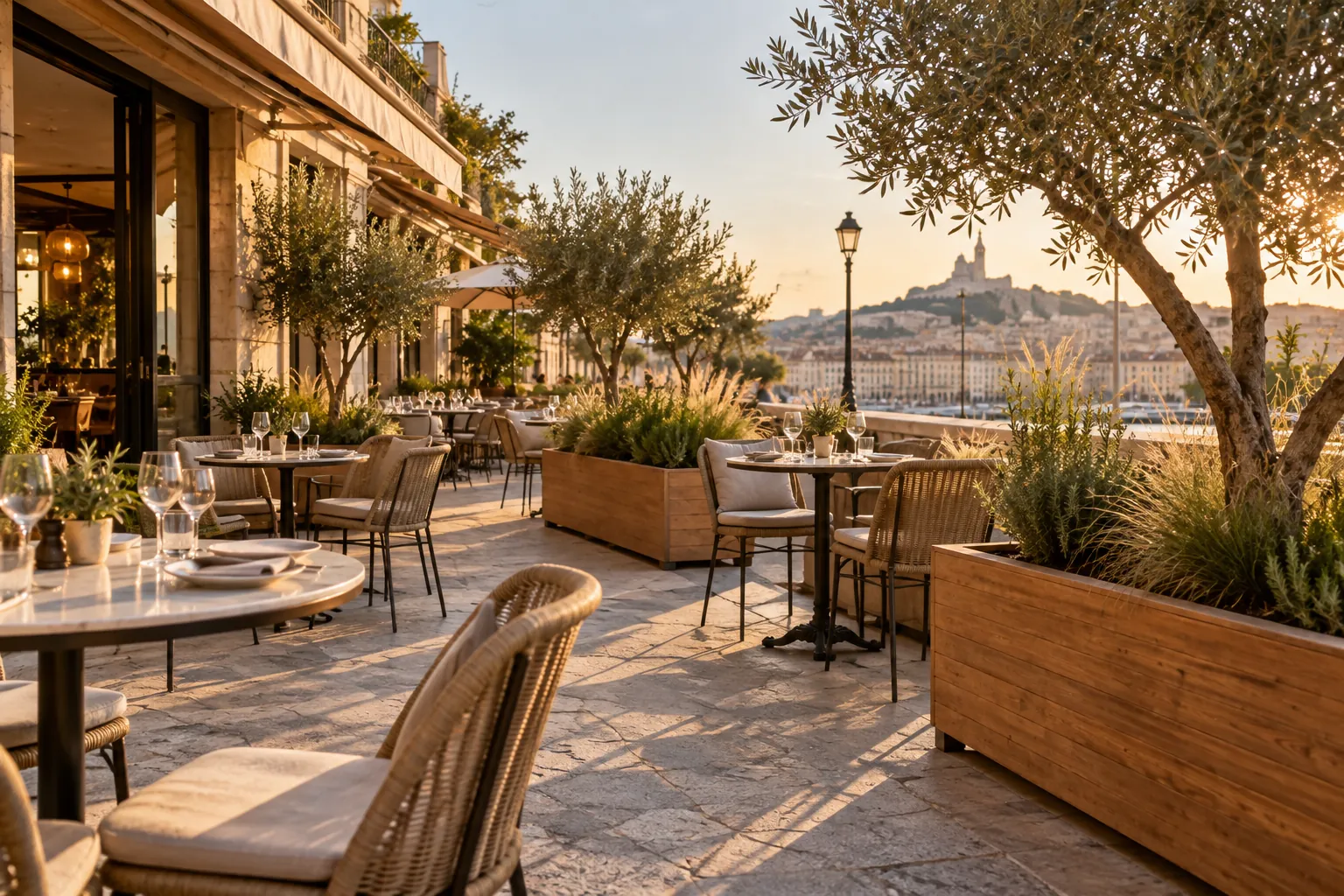 Terrasse de restaurant délimitée par des bacs en bois plantés d’oliviers et de graminées, location de plantes d’extérieur