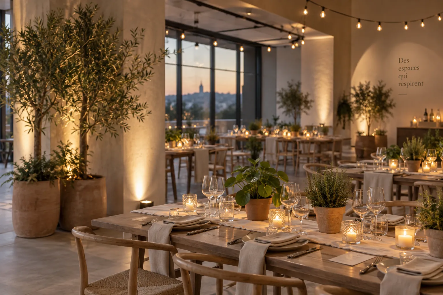 Location de plantes pour événement : salle de réception décorée de palmiers et d’oliviers en bac autour des tables