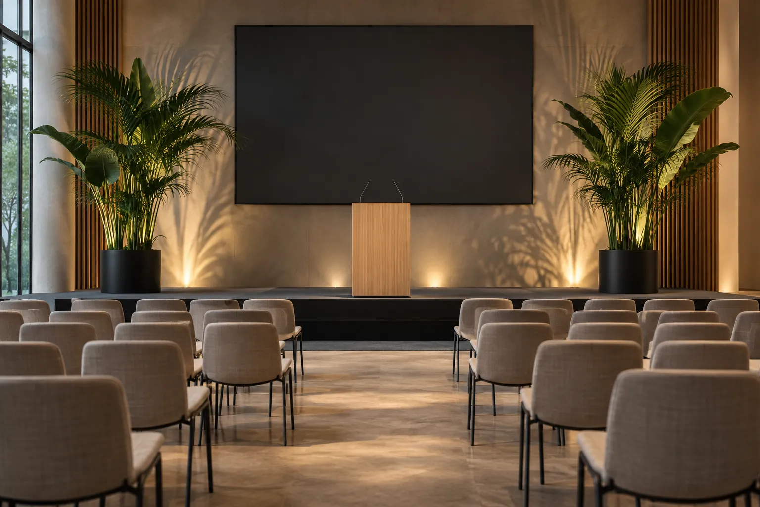 Décoration végétale événementielle : estrade de séminaire encadrée de grands palmiers et de plantes en bac