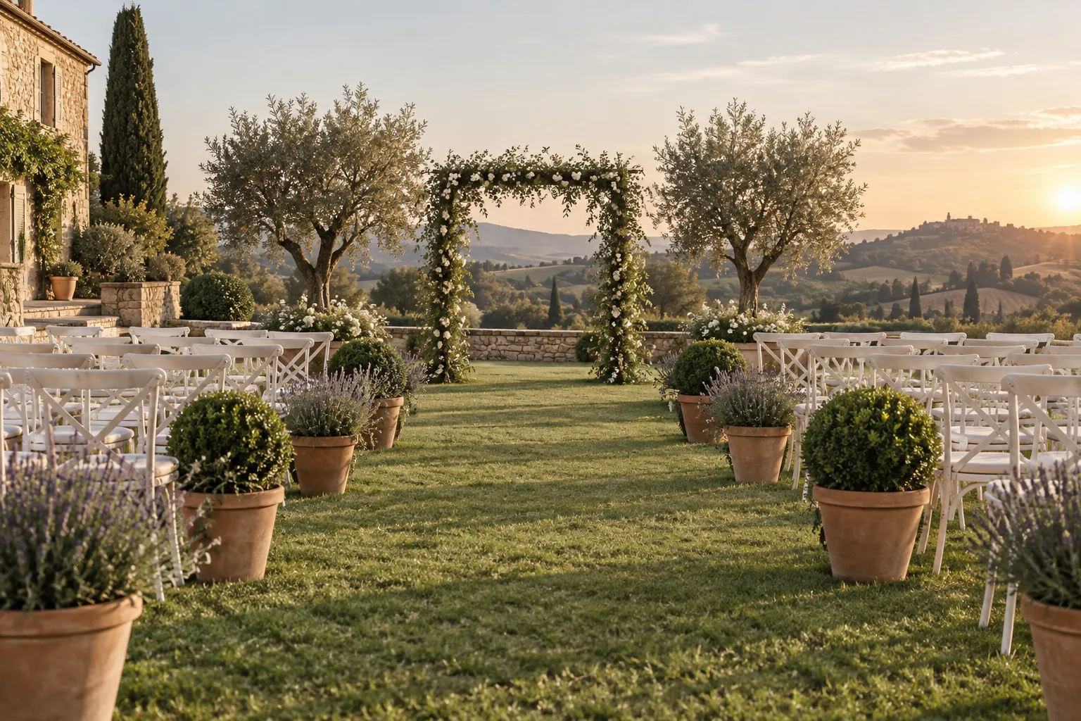 Location plantes mariage : allée de cérémonie en extérieur bordée de plantes en pot et d’oliviers en bac