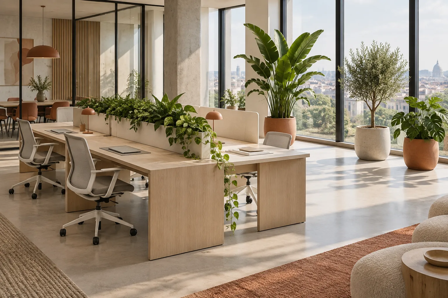Open space d’entreprise végétalisé avec de grandes plantes en bacs, exemple de choix entre louer ou acheter des plantes