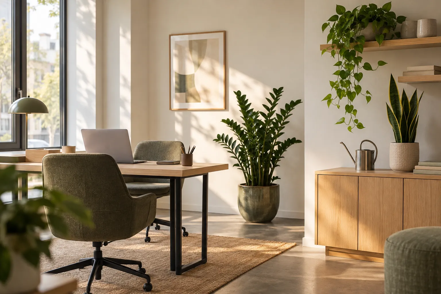Petit bureau d’agence avec quelques plantes faciles en pots, cas où acheter des plantes peut suffire