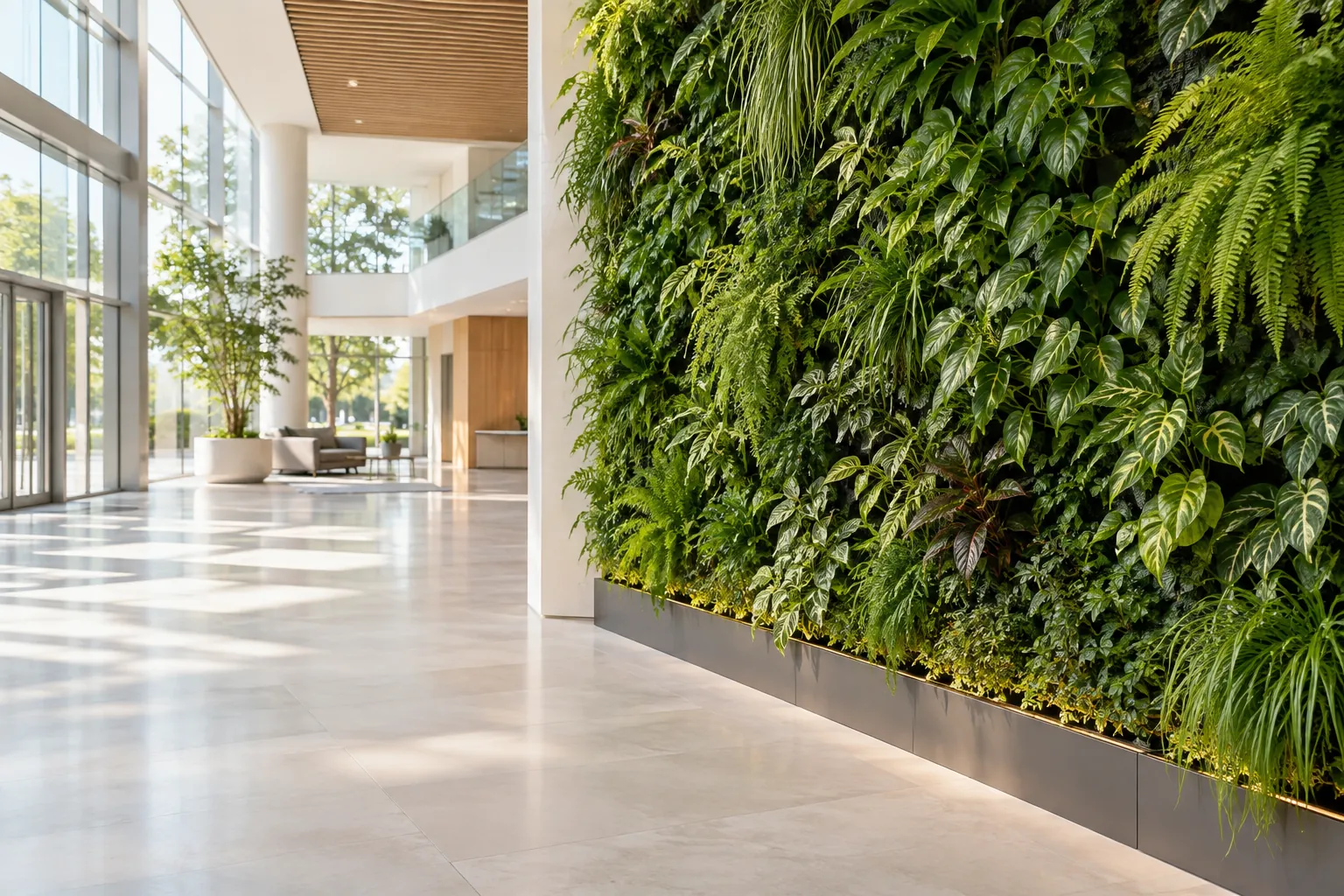 Mur végétal intérieur naturel couvrant la paroi d’un hall lumineux