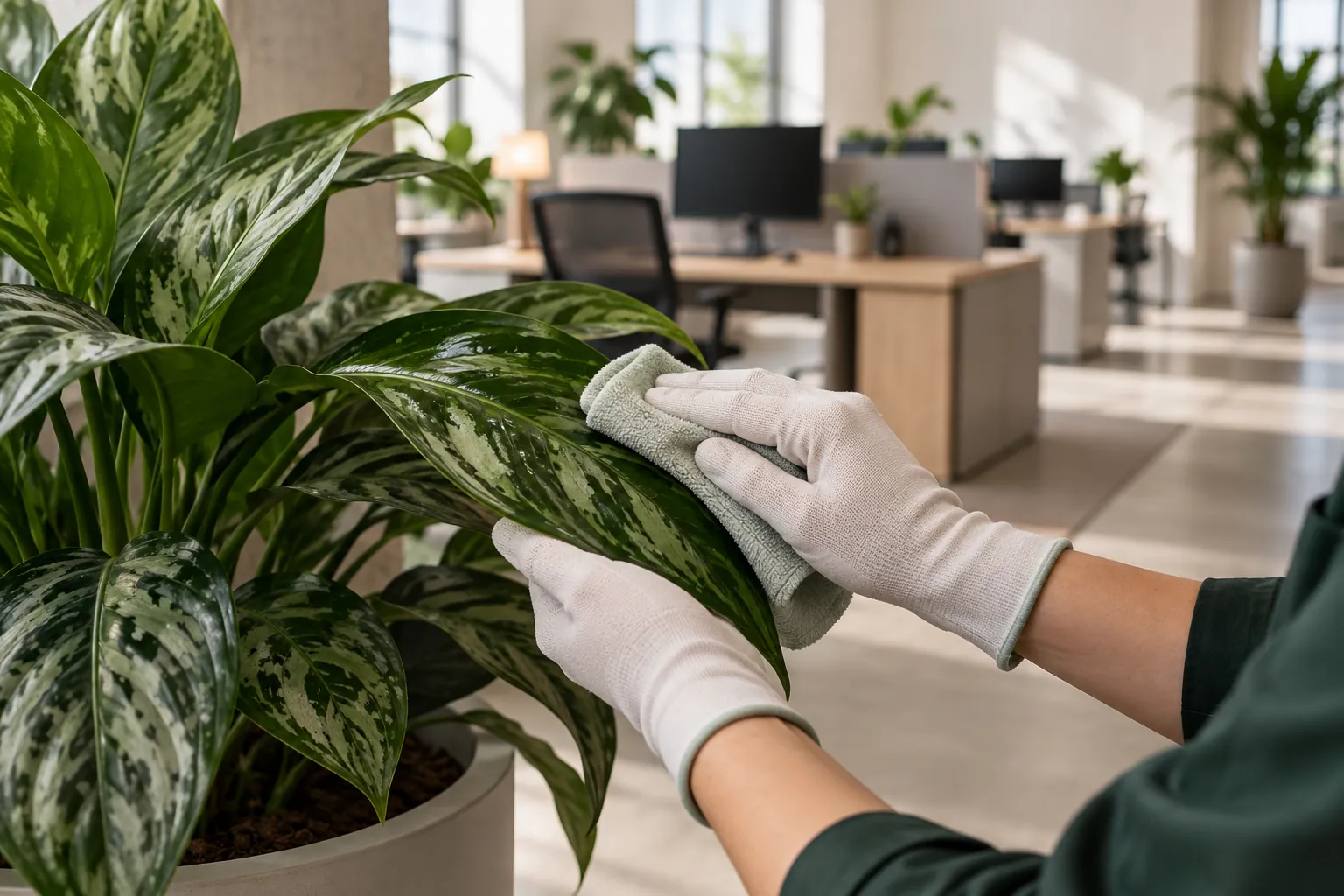 Mains d’un paysagiste d’intérieur nettoyant les feuilles d’une plante de bureau peu lumineux