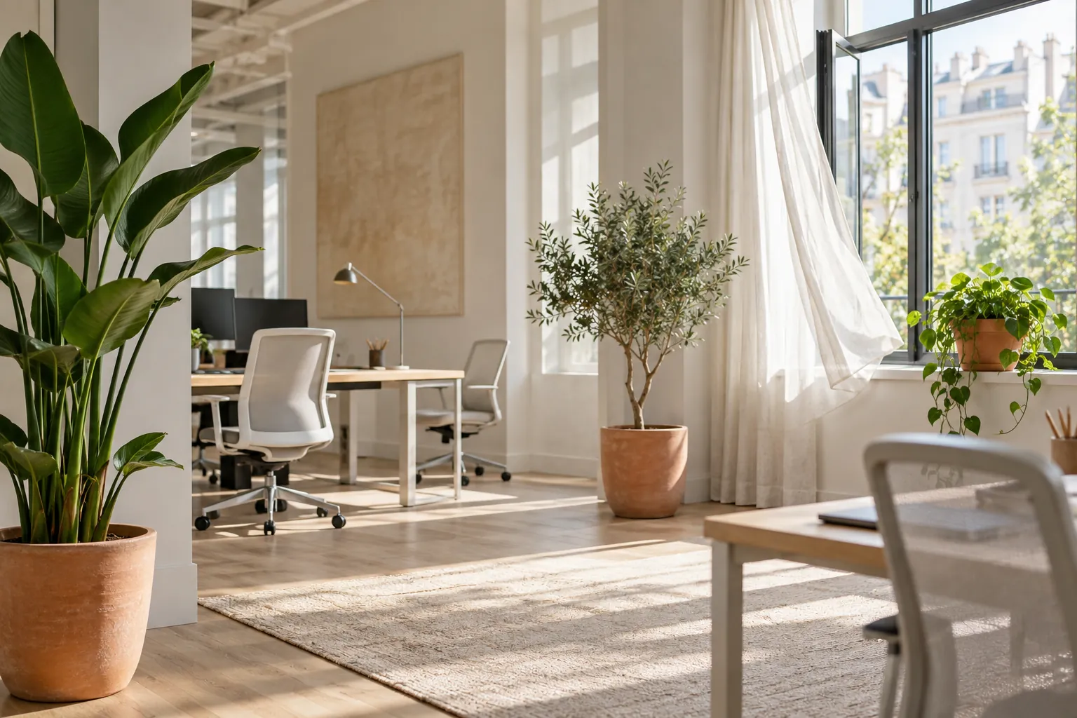 Plantes dépolluantes au bureau posées près d’une fenêtre ouverte dans un open space lumineux