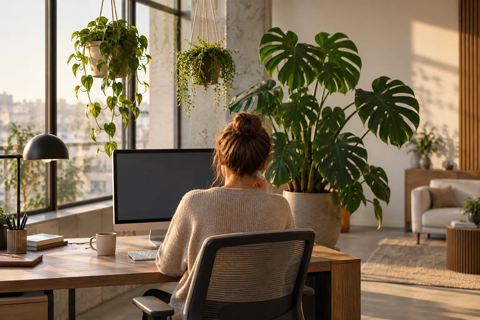 Salariée au calme dans un bureau végétalisé avec des plantes vertes autour de son poste de travail