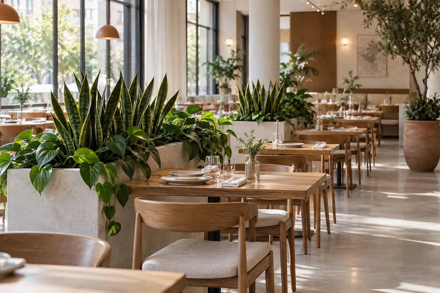 Plantes en restaurant séparant les tables d’une salle lumineuse