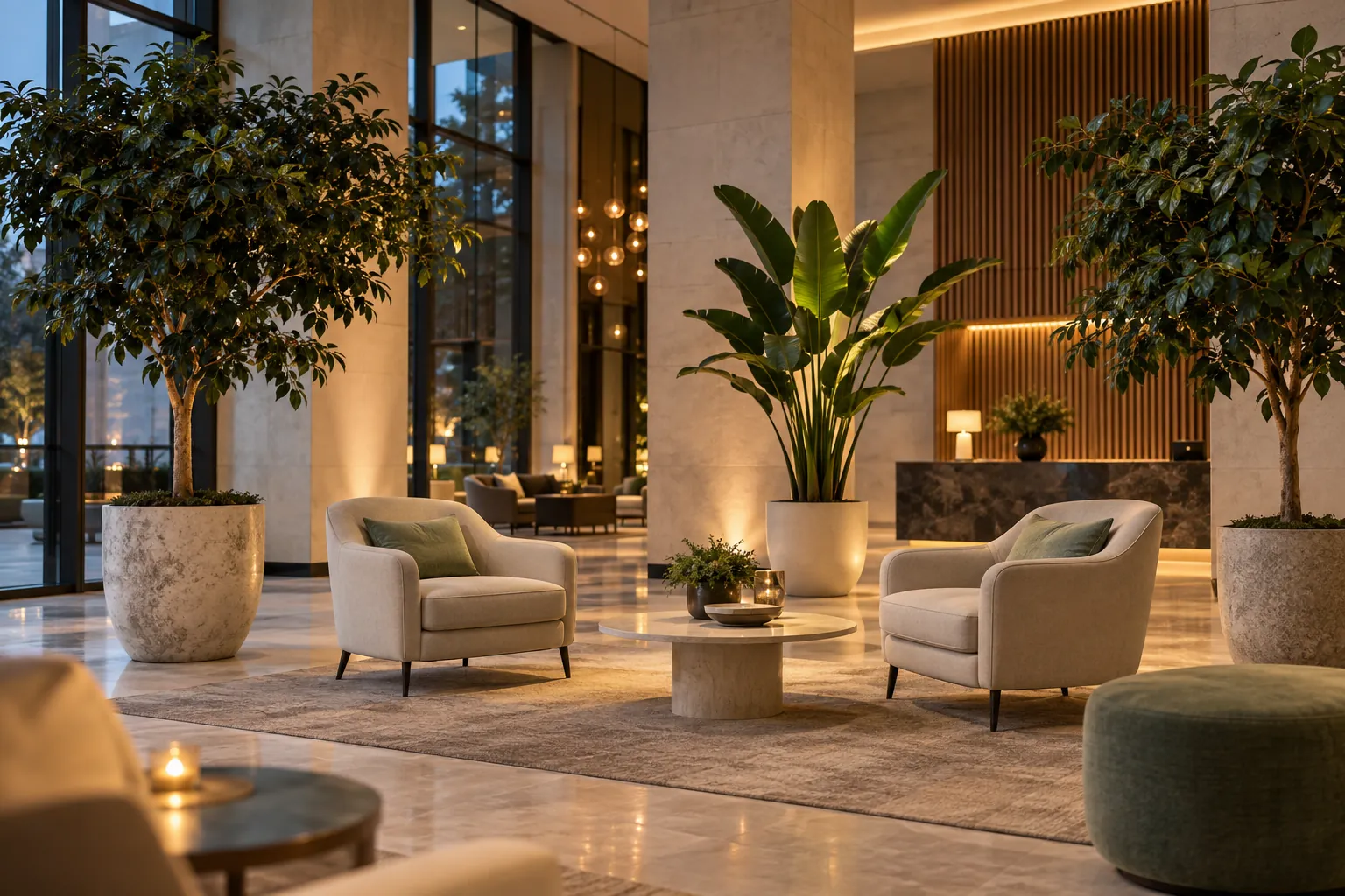 Grandes plantes d’hôtel encadrant un salon dans un lobby