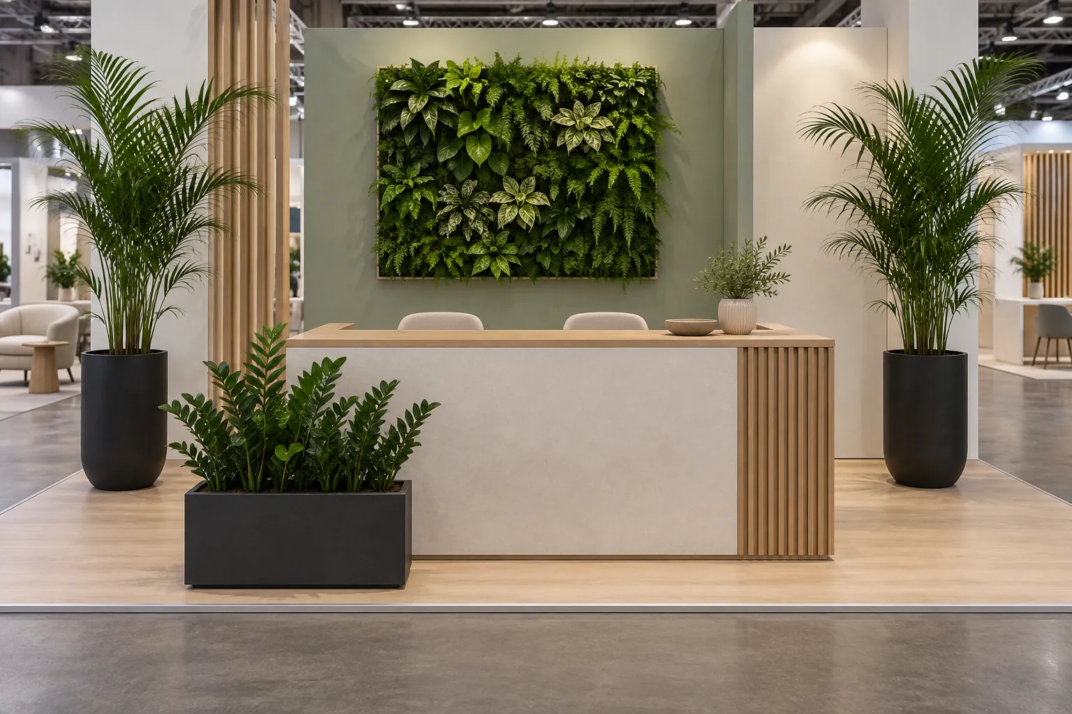 Plantes pour stand de salon professionnel avec kentias et jardinières basses autour d’un comptoir d’accueil