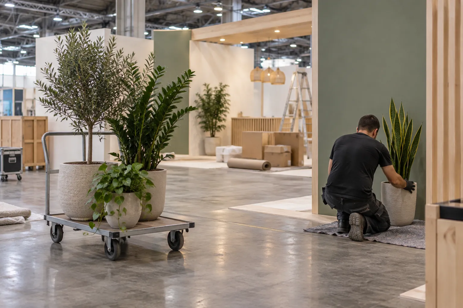 Installation de plantes en bac sur un stand de salon pendant le montage dans un hall d’exposition